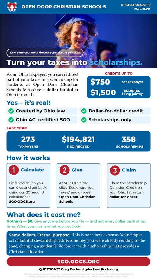 Shareable Open Door Christian Schools scholarship tax credit graphic